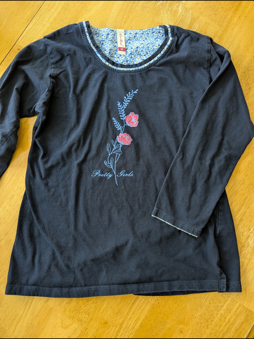 Women's Navy Long-Sleeve Tee with Pink Floral Motif